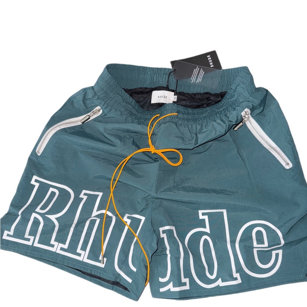 Rhude Blue and White Athletic Shorts with Bold Branding